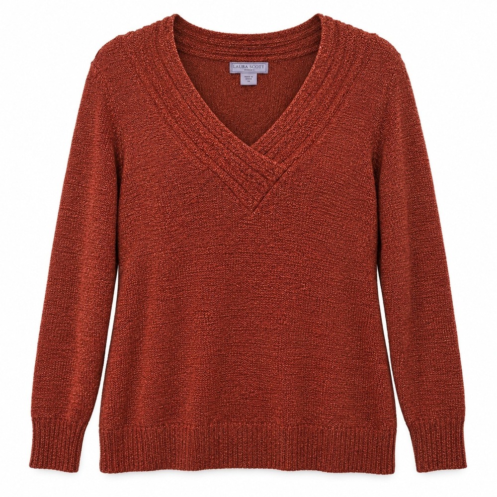 Laura Scott Woman 1X Rust Textured Knit V Neck Sweater Cozy Fall Cottagecore